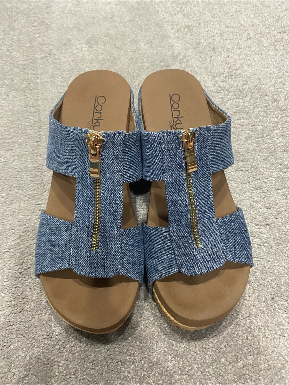Corkys Denim Gold-Zip Slide Sandals - Blue